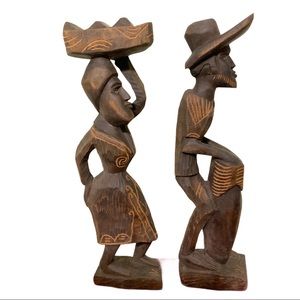 Vintage Hand Carved Wooden African Native Folk Art St Martin 16.5” Man and Woman